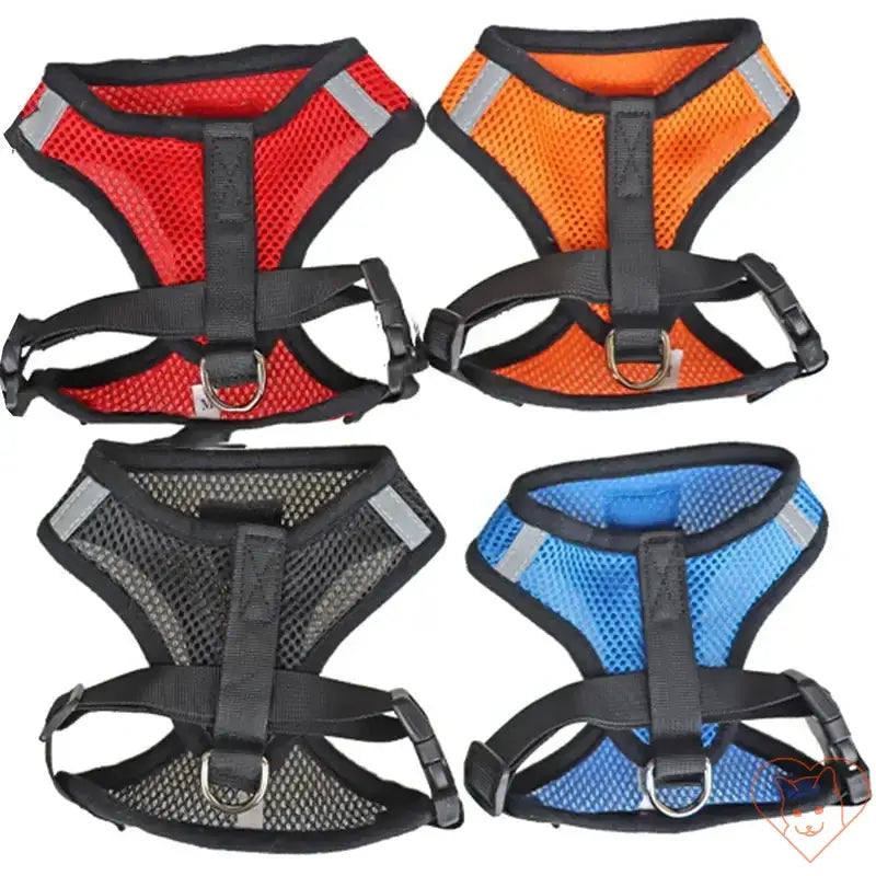 Adjustable reflective cat harnesses in red, orange, black, and blue, made from breathable polyester mesh.