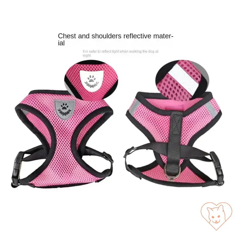 Adjustable pink reflective cat harness with breathable mesh for comfort and safety during walks.