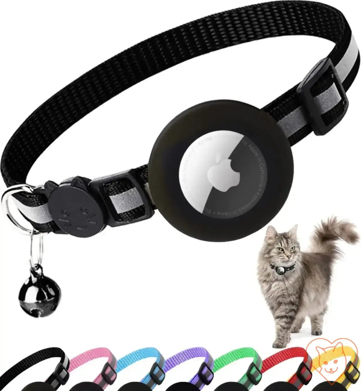 Airtag cat collar in black, featuring a reflective design and breakaway buckle, perfect for tracking and safety.
