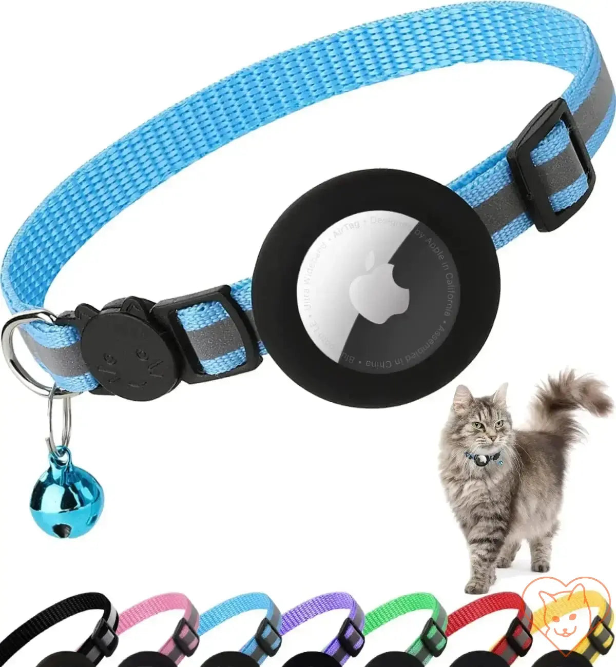 Airtag Cat Collar in blue featuring a secure AirTag holder, reflective nylon, and breakaway buckle, suitable for tracking cats.