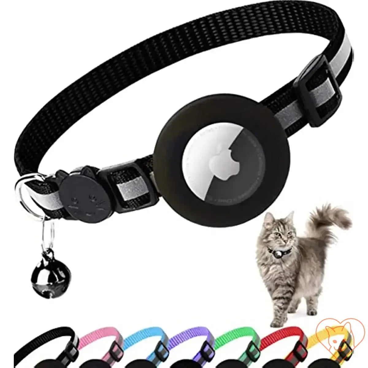 Airtag Cat Collar in black with reflective straps, breakaway buckle, and AirTag holder, suitable for tracking cats.