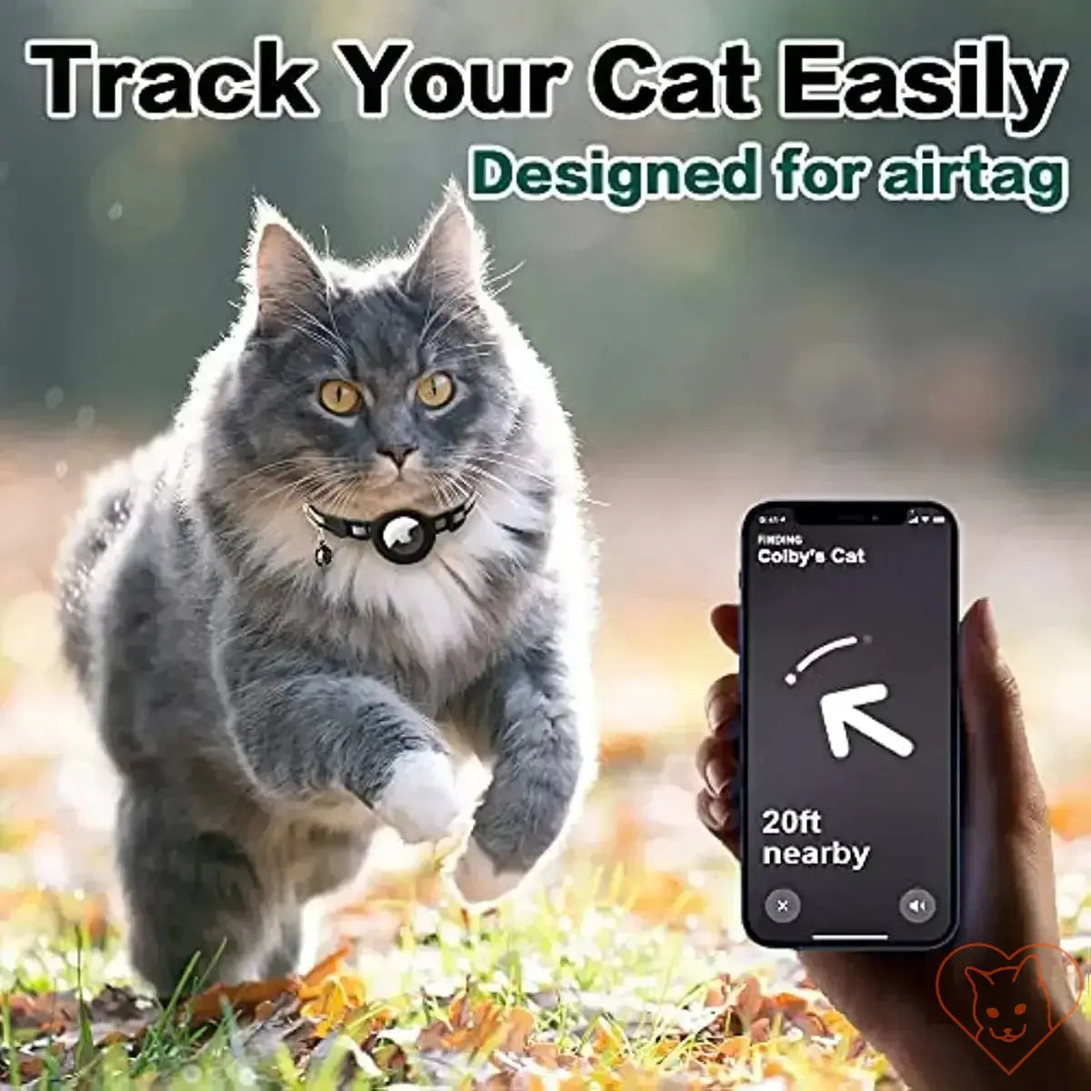 Airtag cat collar shown on a cat, featuring a tracking app on a phone, emphasizing easy tracking and safety.