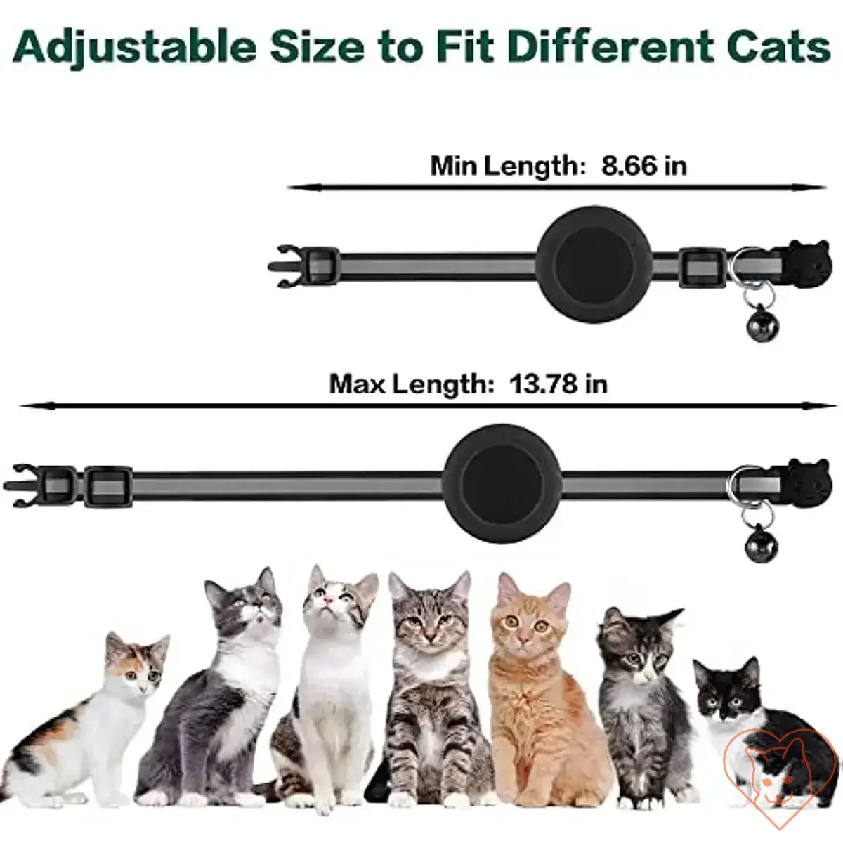 Adjustable Airtag Cat Collar shown with size measurements for various cat fits and design features.