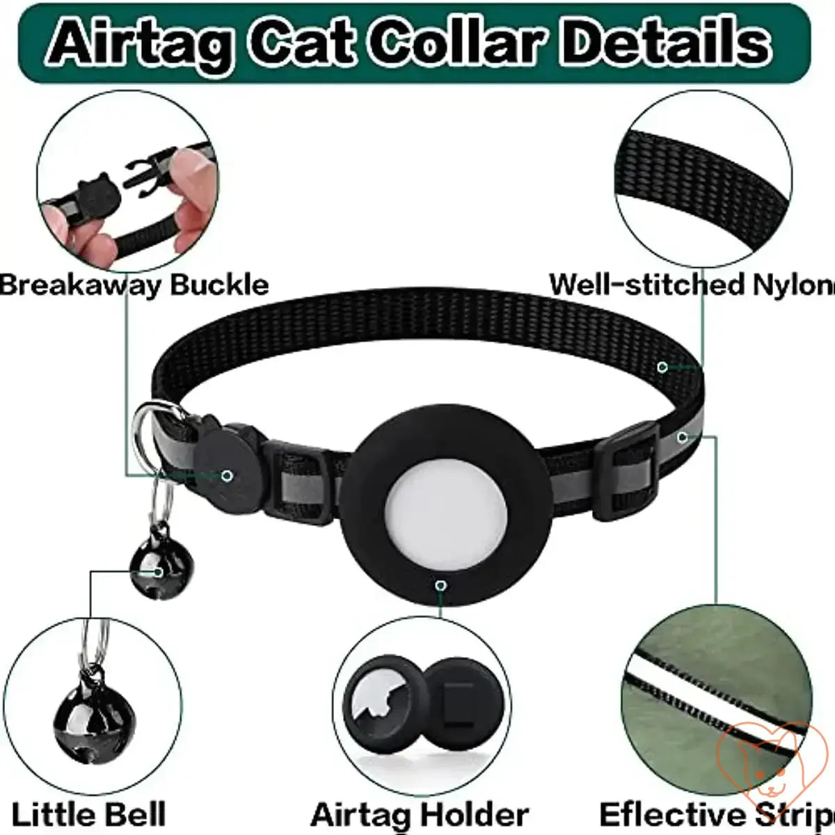 Airtag cat collar with breakaway buckle, nylon material, Airtag holder, little bell, and reflective strip details.