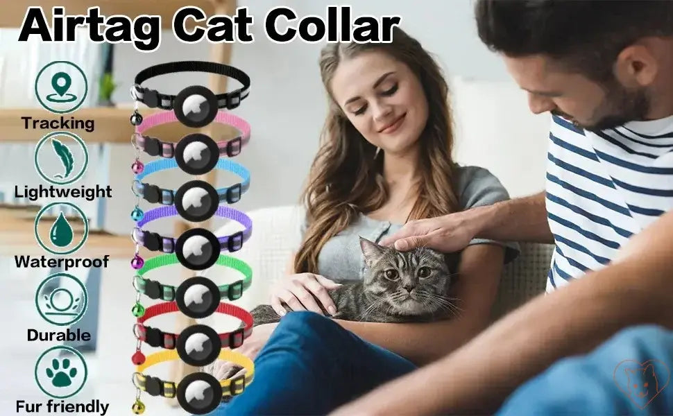 Airtag Cat Collar display featuring reflective, adjustable collars for tracking cats, shown with happy cat and owners.