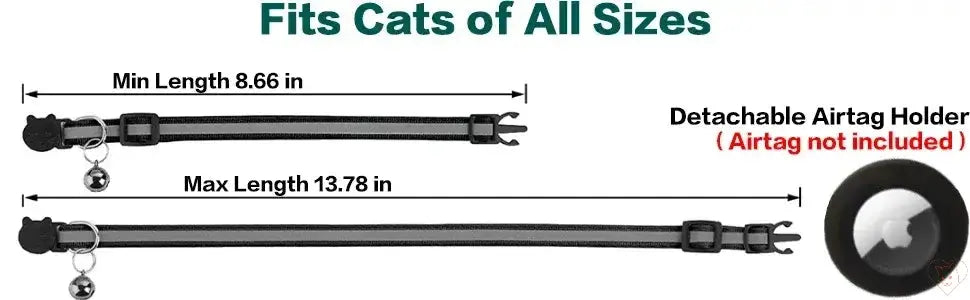 Airtag Cat Collar size guide showing adjustable lengths, suitable for all cats, with a detachable AirTag holder.