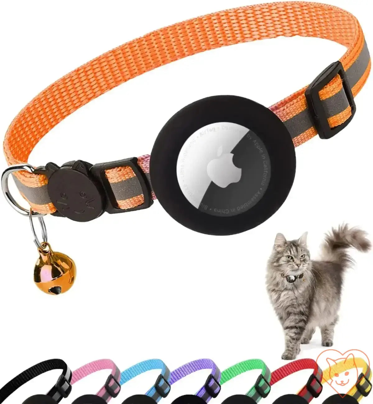 Airtag cat collar in orange with reflective strips, breakaway buckle, and secure case for Apple AirTag.