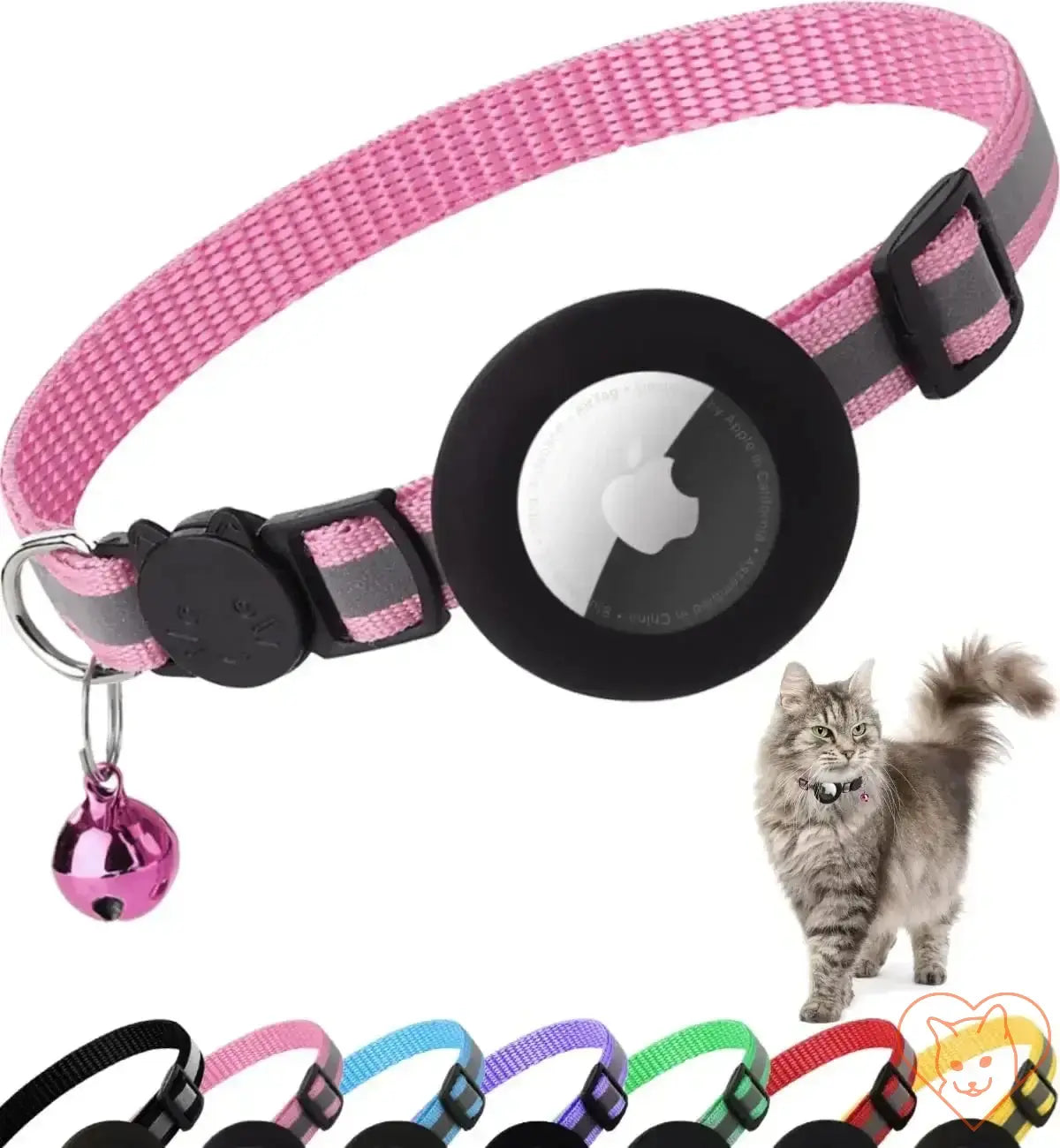 Reflective pink Airtag cat collar with breakaway buckle, adjustable fit, and attached bell.