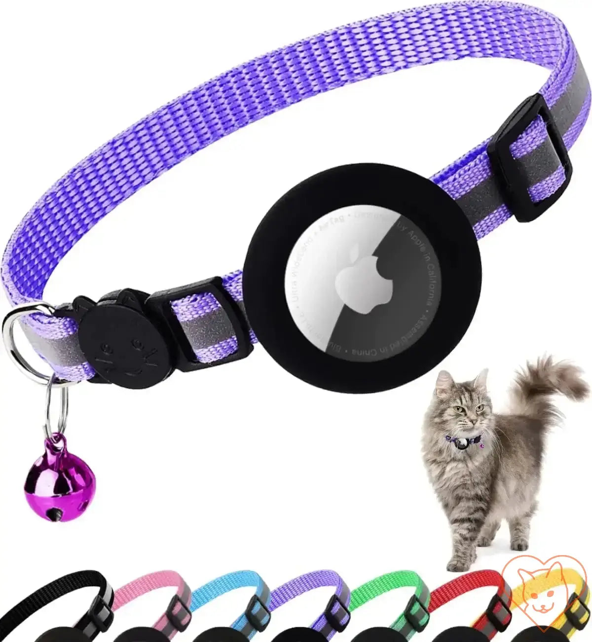 Purple reflective Airtag cat collar with breakaway buckle and bell, showcasing secure AirTag holder.