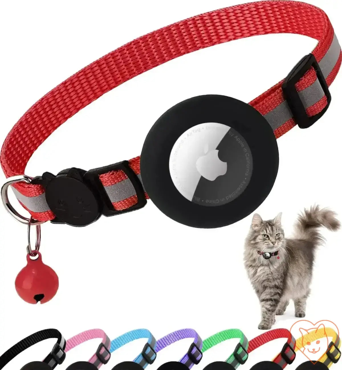 Airtag cat collar in red with reflective straps, breakaway buckle, and elastic AirTag case, featuring a bell and colorful options.