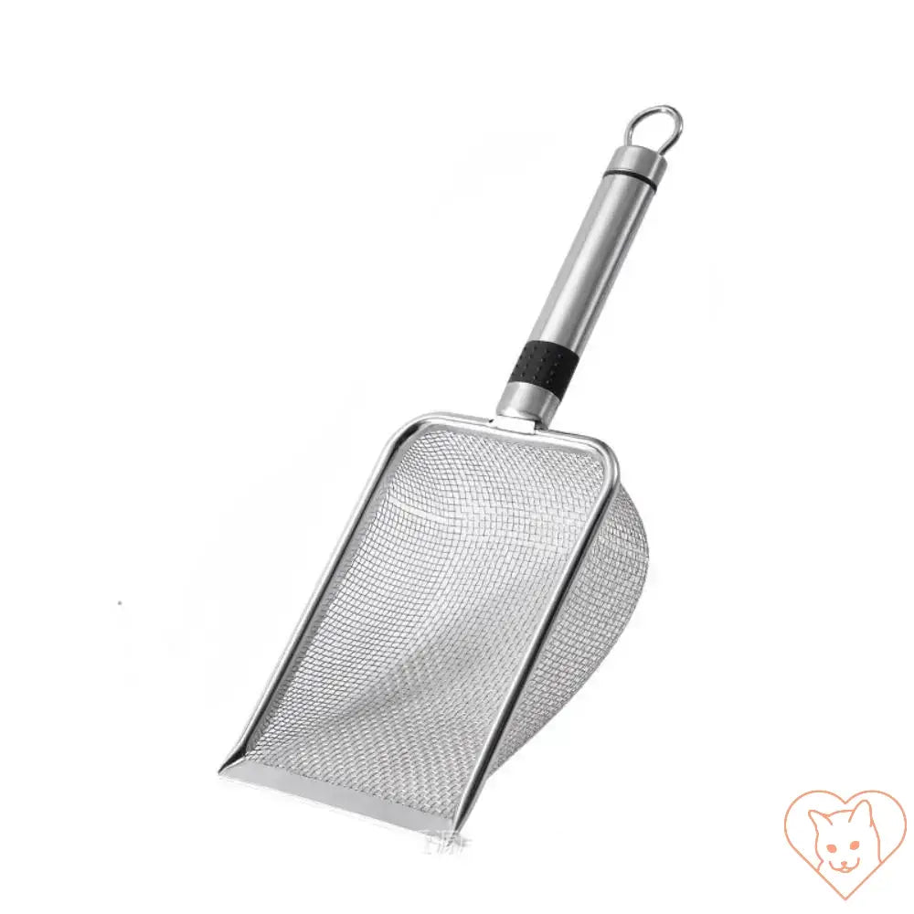 Aluminum alloy cat litter scoop with mesh design, lightweight and durable for easy litter box cleaning.