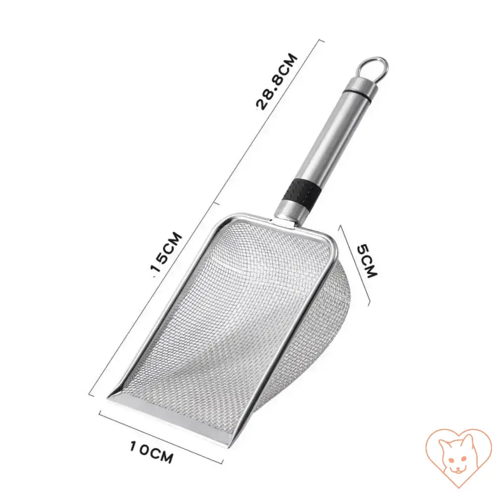 Aluminum alloy cat litter scoop with dimensions: 28.8cm long, 10cm wide, 15cm deep for easy litter cleanup.