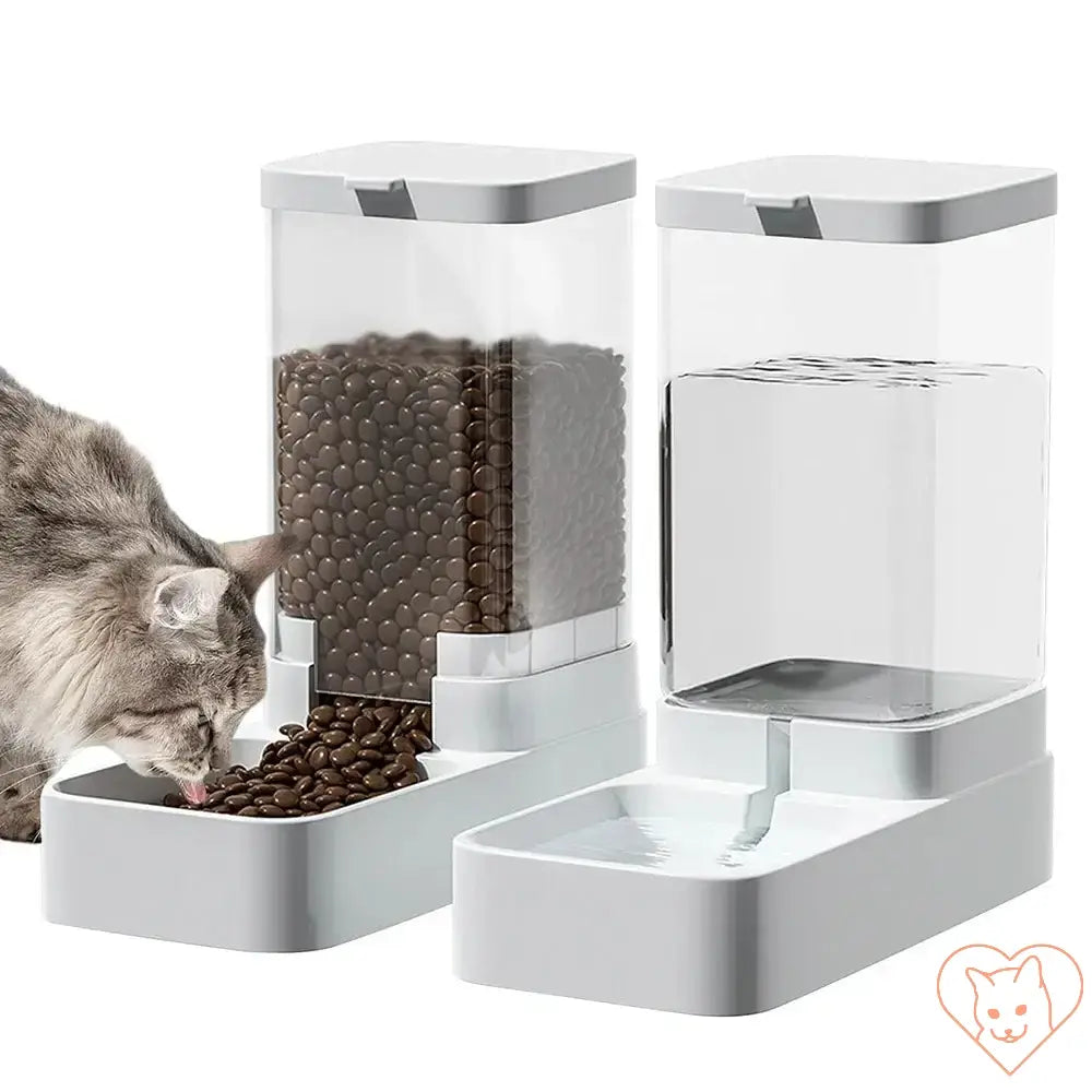 Automatic cat feeder and water dispenser with gravity design; easy access for pets.