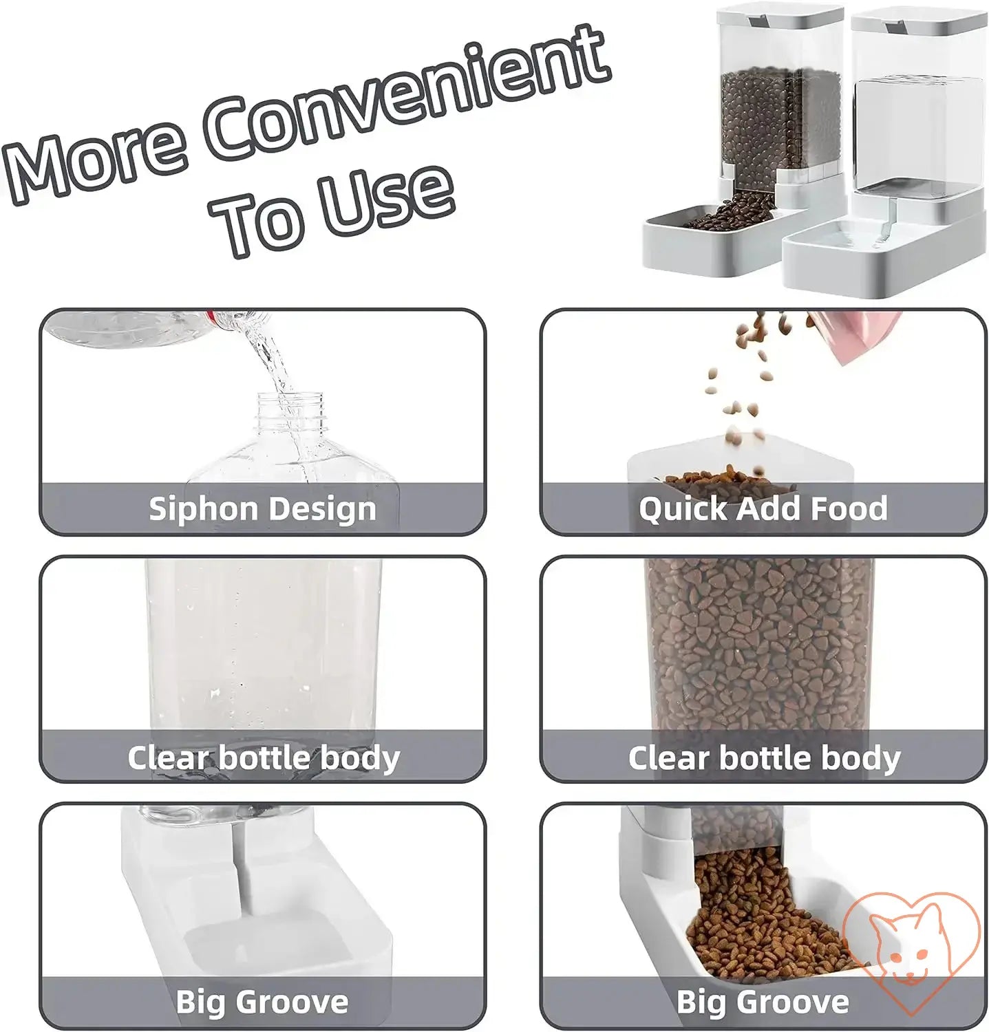 Automatic cat feeder and water dispenser features: siphon design, quick food addition, clear bottles, and big grooves.