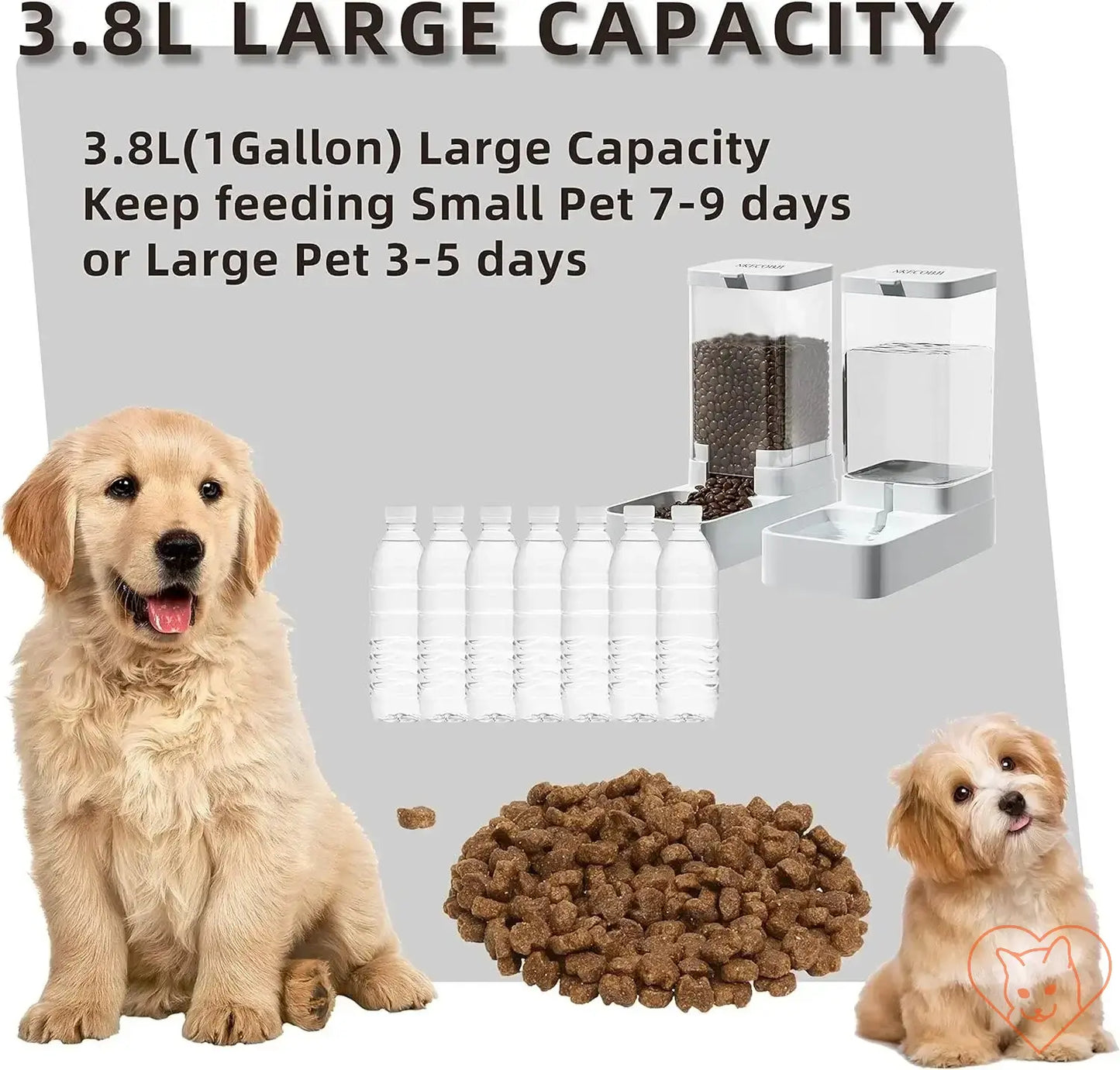 Image showcasing automatic pet feeder with 3.8L capacity, suitable for large and small pets, featuring food and water dispensers.