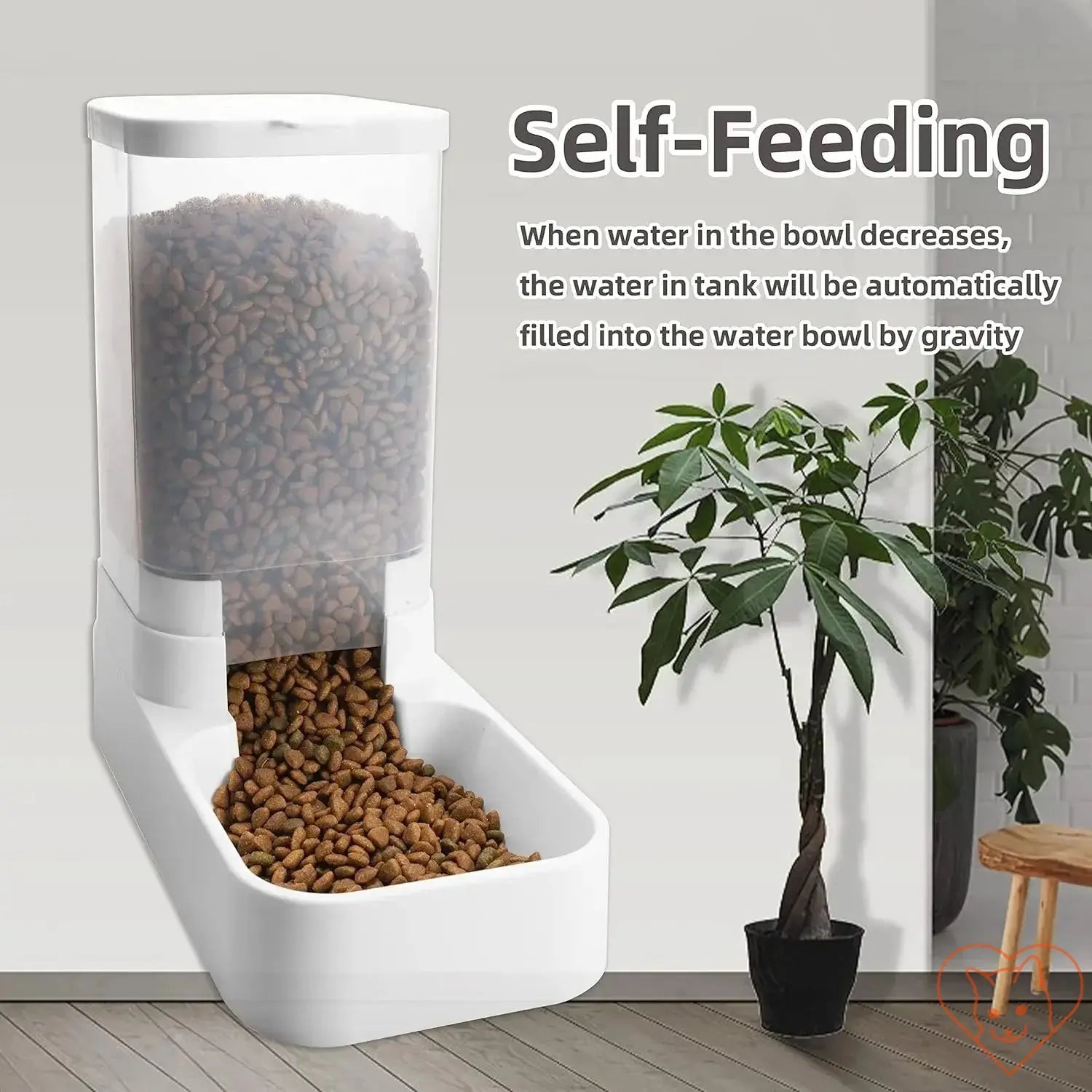 Automatic cat feeder and water dispenser with gravity design, showcasing self-feeding mechanism for pet care.