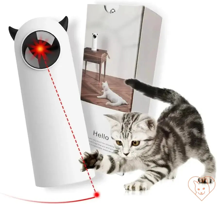 Cat playing with Automatic LED Laser Toy, featuring a bright laser and sleek design for interactive fun.