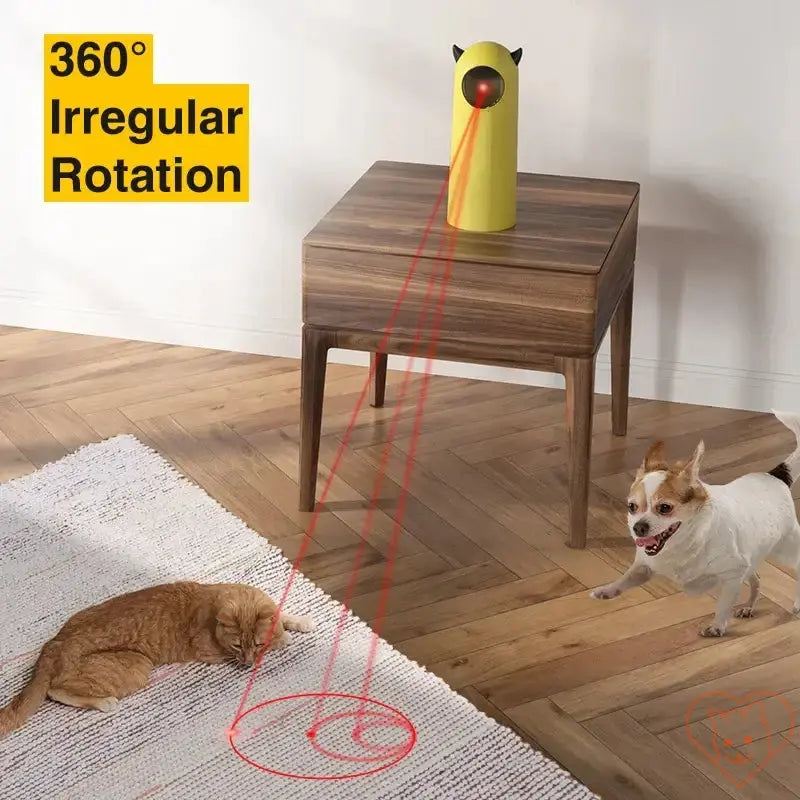 Automatic Cat LED Laser Toy in action, featuring 360-degree movement engaging a cat and a dog.