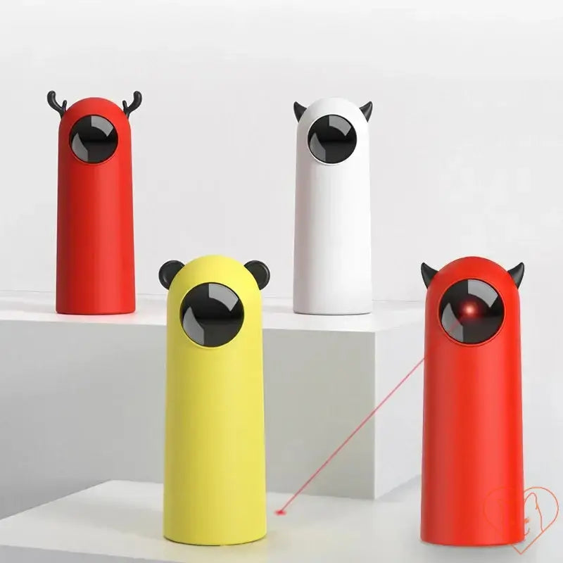 Colorful automatic cat laser toys in red, yellow, and white with playful designs, perfect for interactive cat play.