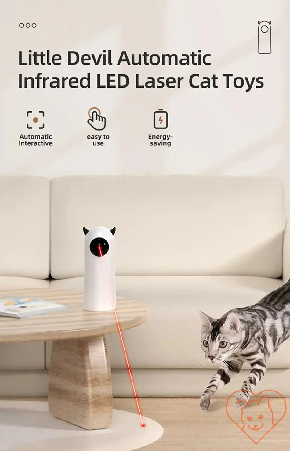 Interactive Automatic Infrared LED Laser Cat Toy with a playful cat tracking the laser beam.