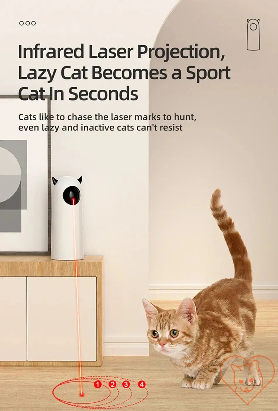 Cat chasing an LED laser from an interactive toy, engaging in playful exercise indoors.