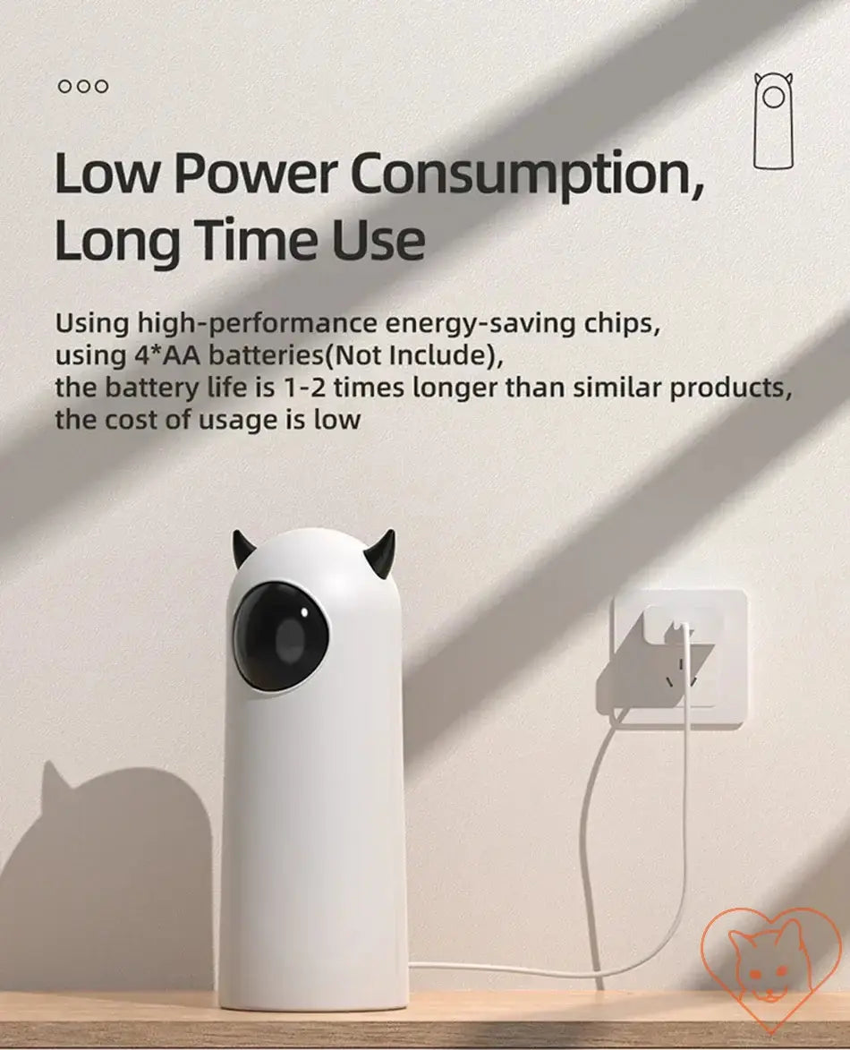 Automatic Cat LED Laser Toy showcasing low power consumption and long battery life features.