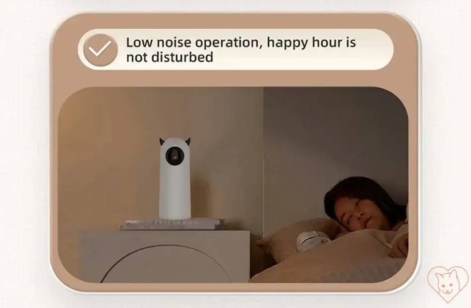 Low noise Automatic Cat LED Laser Toy design in a cozy bedroom setting with a woman peacefully resting.