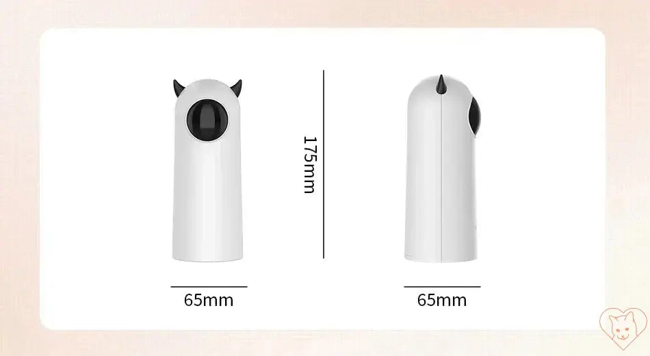 Side and front views of the Automatic Cat LED Laser Toy, measuring 65mm x 175mm, featuring playful devil horns.