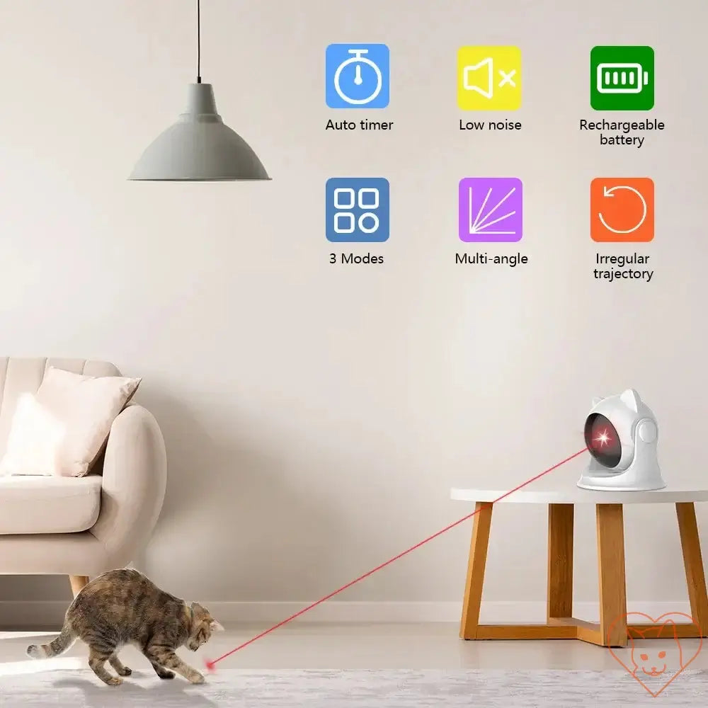 Cat playing with Automatic Cat Laser Toy highlighting features like auto timer, recharge battery, and adjustable modes.