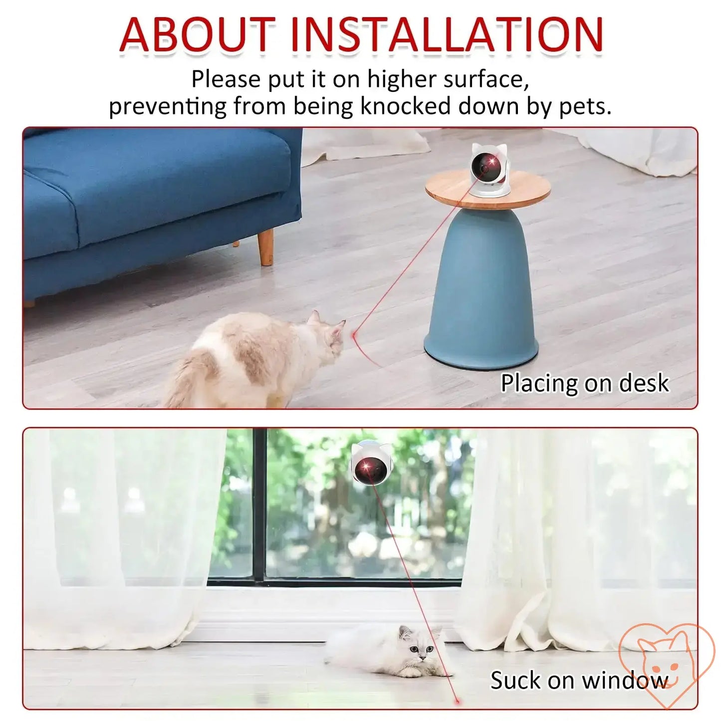 Infographic showing installation options for Automatic Cat Laser Toy on desk and window to keep it safe from pets.