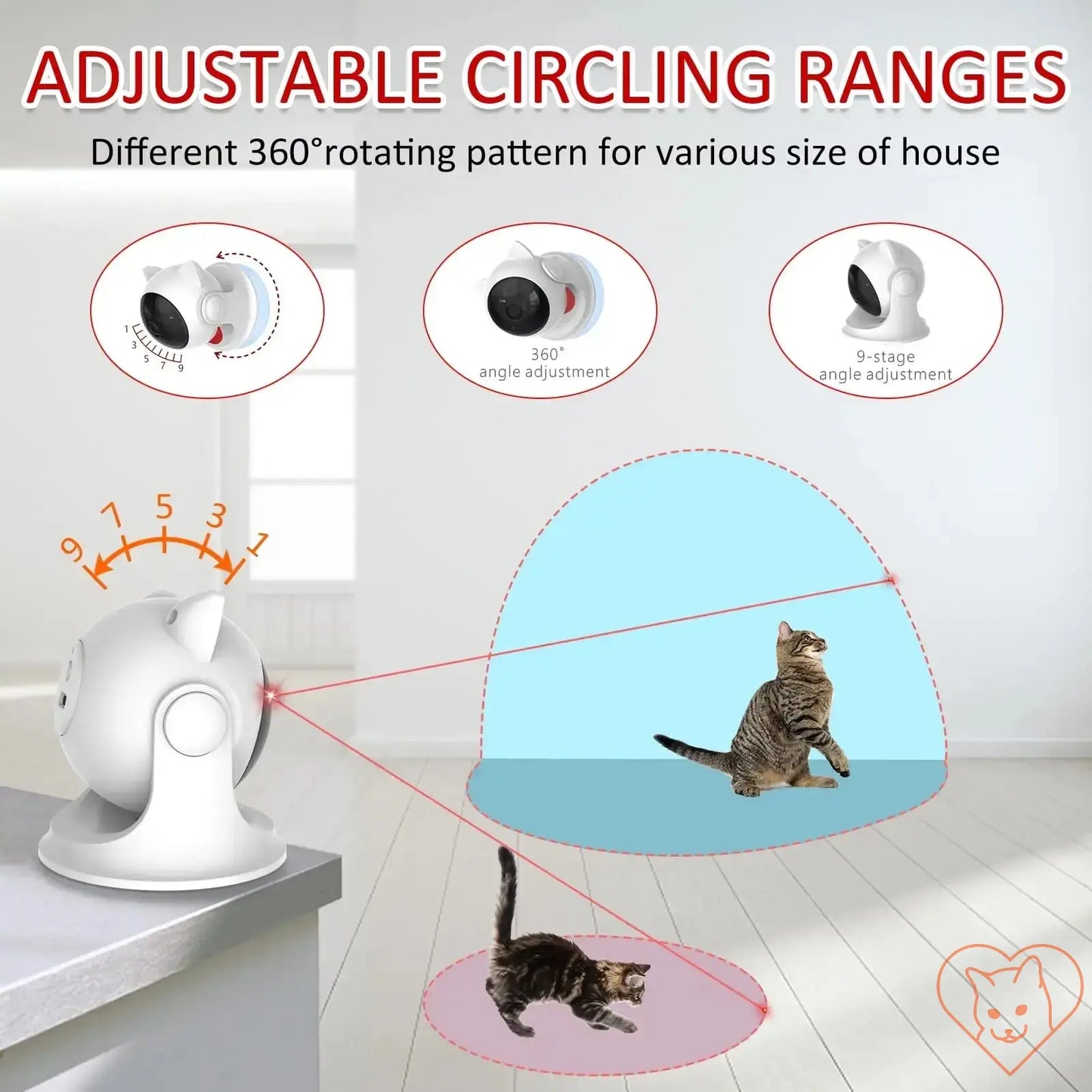 Adjustable circling ranges of the Automatic Cat Laser Toy showcasing 360° rotation and angle adjustment for various spaces.