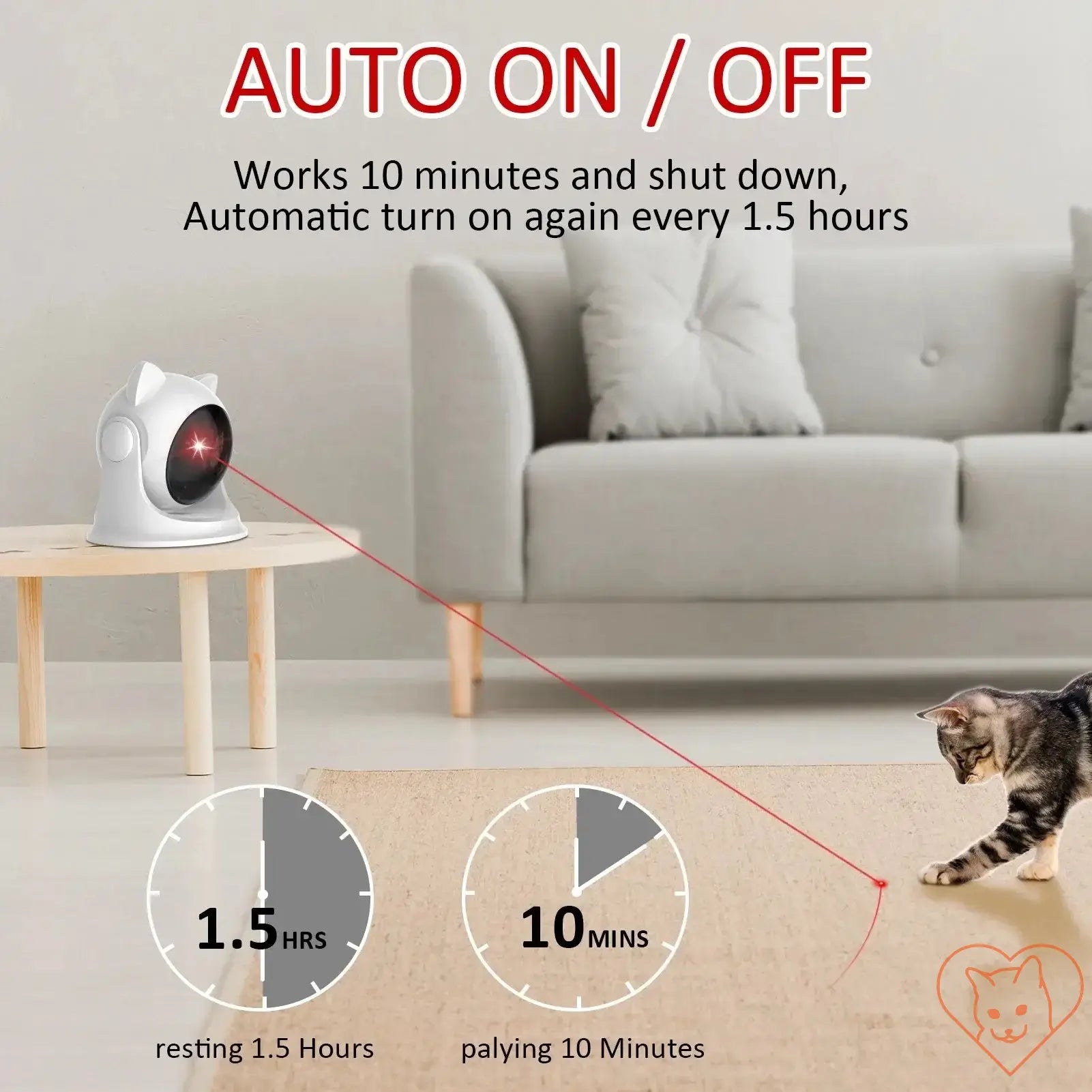 Automatic Cat Laser Toy with timer features, showing how it works for cat play with auto on/off.