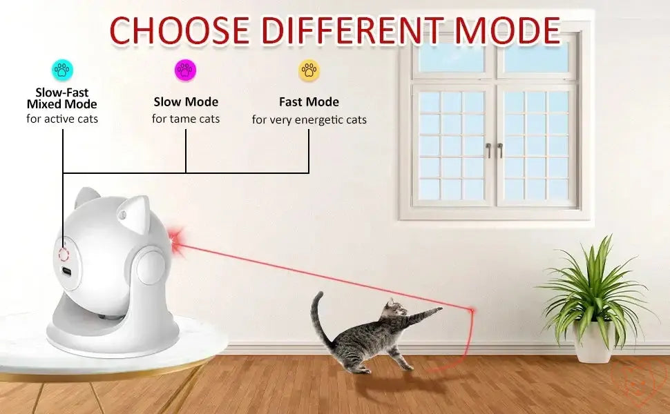 Interactive Automatic Cat Laser Toy with adjustable modes: fast, slow, mixed for feline fun and exercise.