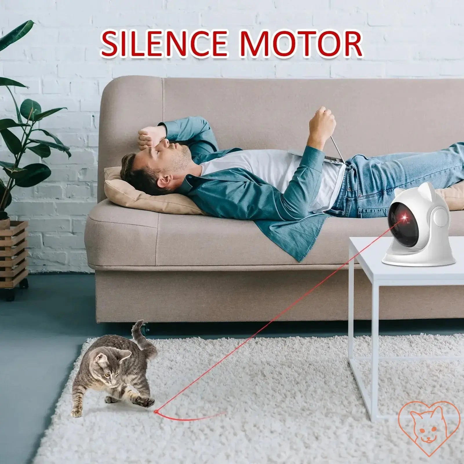 A cat playing with an automatic laser toy while a person relaxes on the couch, showcasing the toy's interactive design.