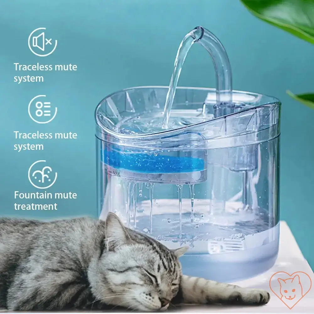 Automatic cat water fountain with motion sensor and traceless mute system, featuring a clear 2L design and a relaxed cat nearby.