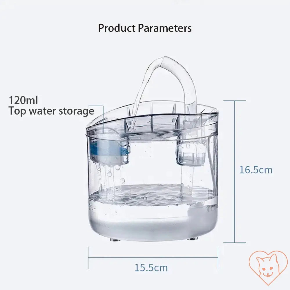 Measurement diagram of a 120ml transparent cat water fountain with dimensions labeled.