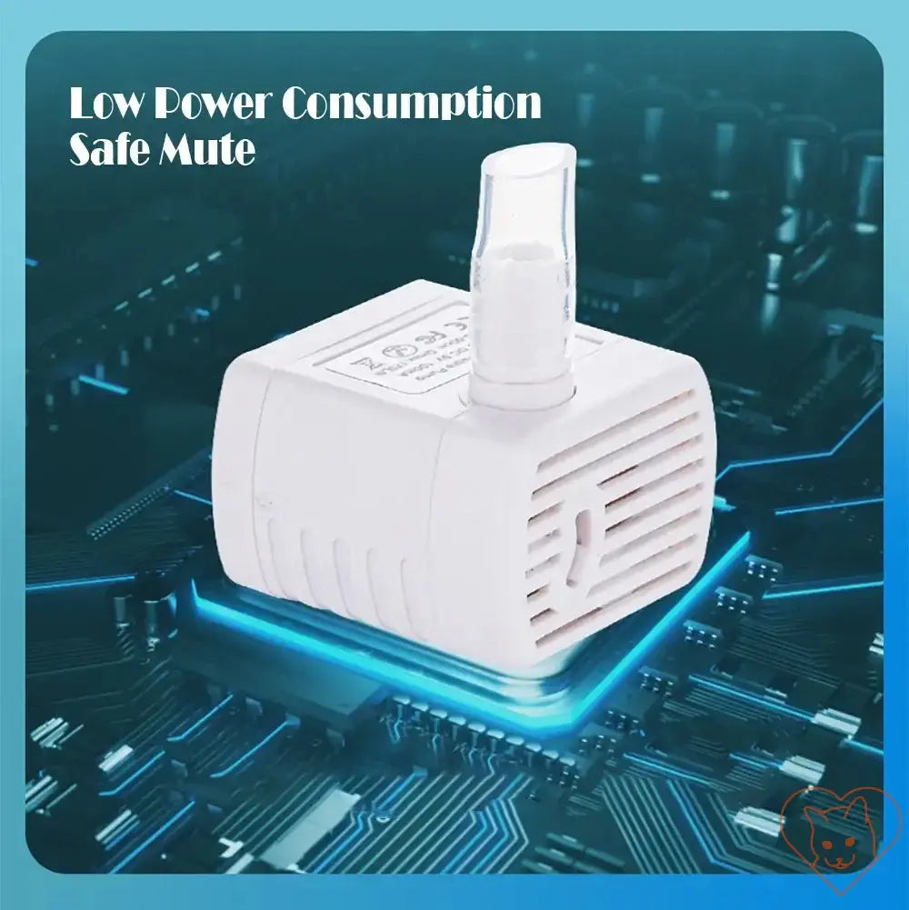 Low power consumption and safe mute automatic cat water fountain on a circuit board background.