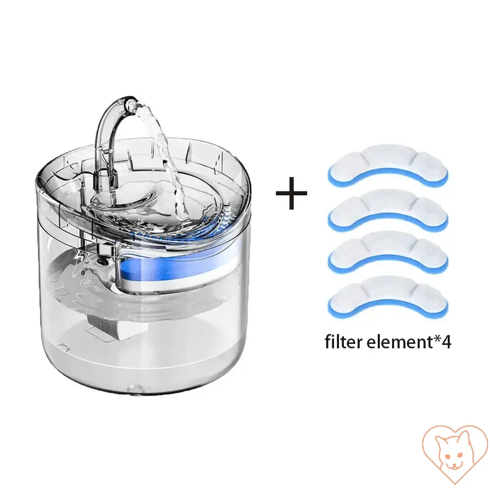 Automatic cat water fountain showing water flow with four filter elements included for fresh drinking water.