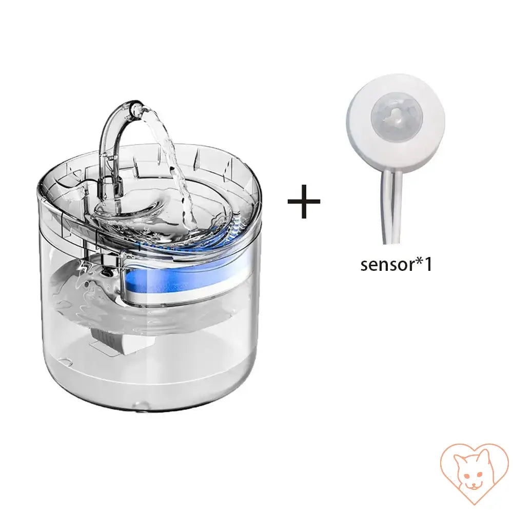 Automatic cat water fountain with motion sensor and 2L transparent dispenser, providing fresh water for pets.