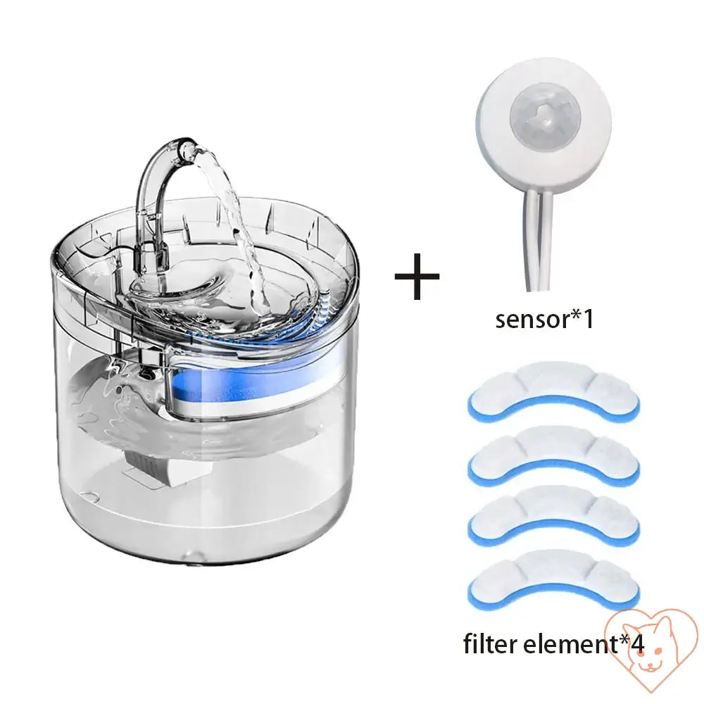 Automatic cat water fountain with motion sensor, 2L transparent design and four filter elements.