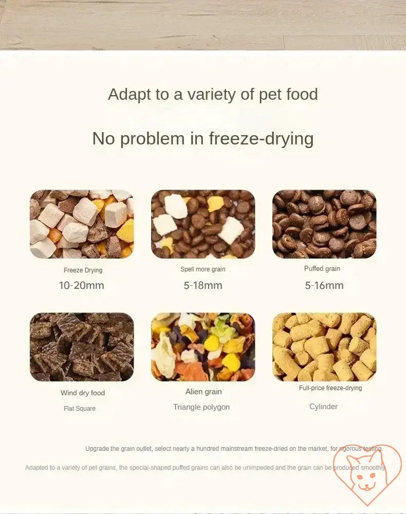 Variety of freeze-dried pet foods shown, including shapes like square, polygon, and cylinder, adaptable for feeding.