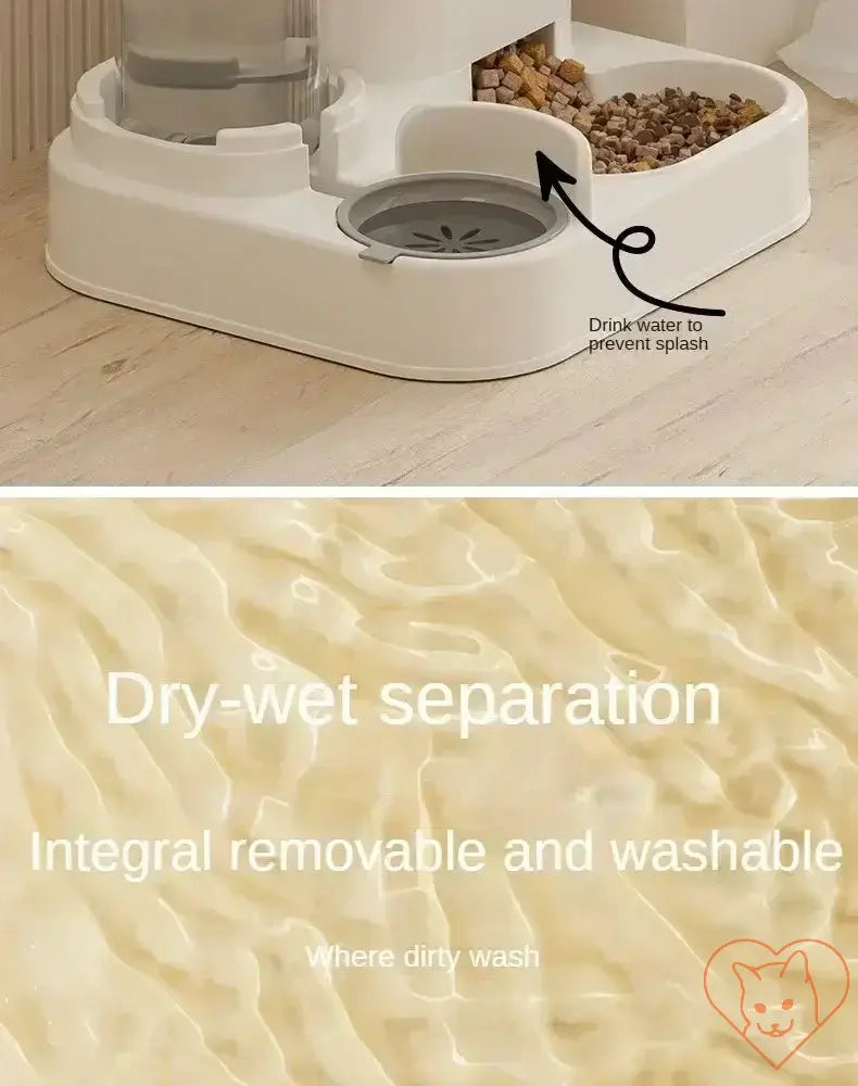 Automatic feeder and water fountain with dry-wet separation for easy cleaning and pet hydration in a stylish design.