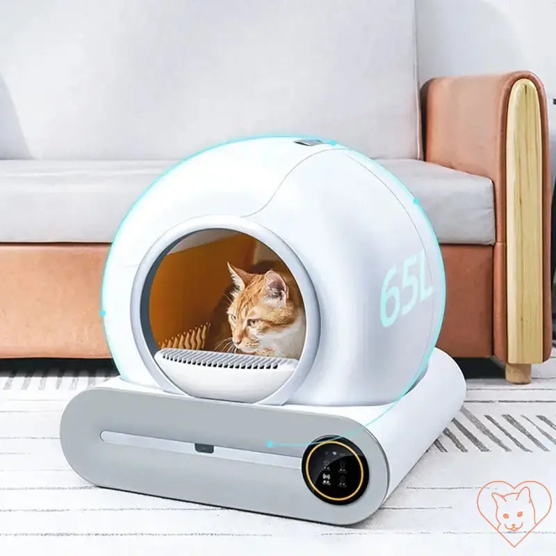 Booteely 65L Automatic Smart Cat Litter Box with cat inside, featuring self-cleaning and enclosed design.