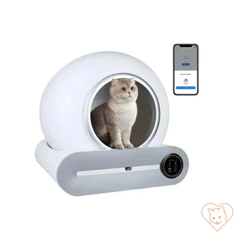 Booteely 65L Automatic Smart Cat Litter Box with a cat inside, showcasing self-cleaning technology and app control.