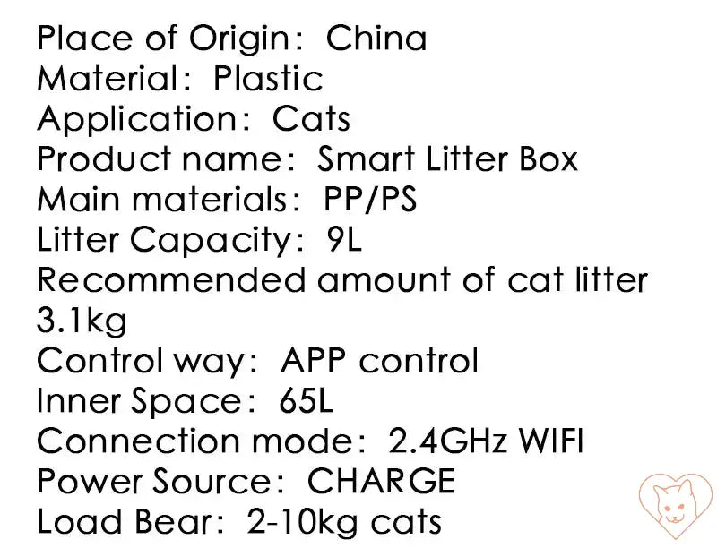 Specifications for Booteely 65L smart cat litter box: plastic, app control, 9L capacity, WiFi, for cats 2-10kg.