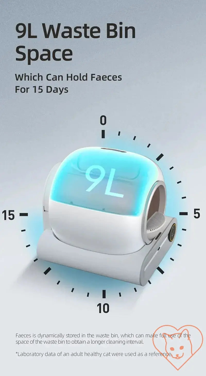 9L waste bin for cat litter, designed to hold waste for up to 15 days, with a digital display for easy monitoring.