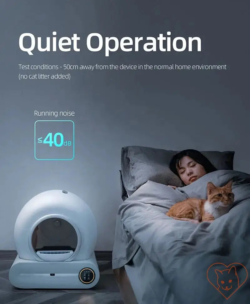 Image of a quiet automatic cat litter box operating beside a sleeping woman and a cat, showcasing low noise levels.