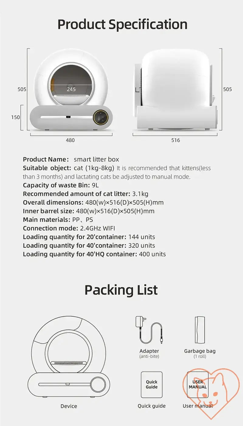 Booteely 65L Automatic Smart Cat Litter Box specifications and packing list with dimensions and features.