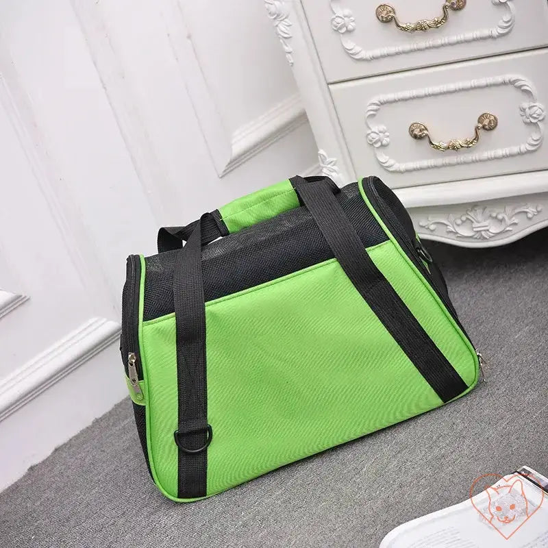 Breathable green pet travel bag made of durable nylon with mesh panels, ideal for cats and small dogs.