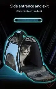 Cat using a breathable pet travel bag with side entrance for easy access and exit.